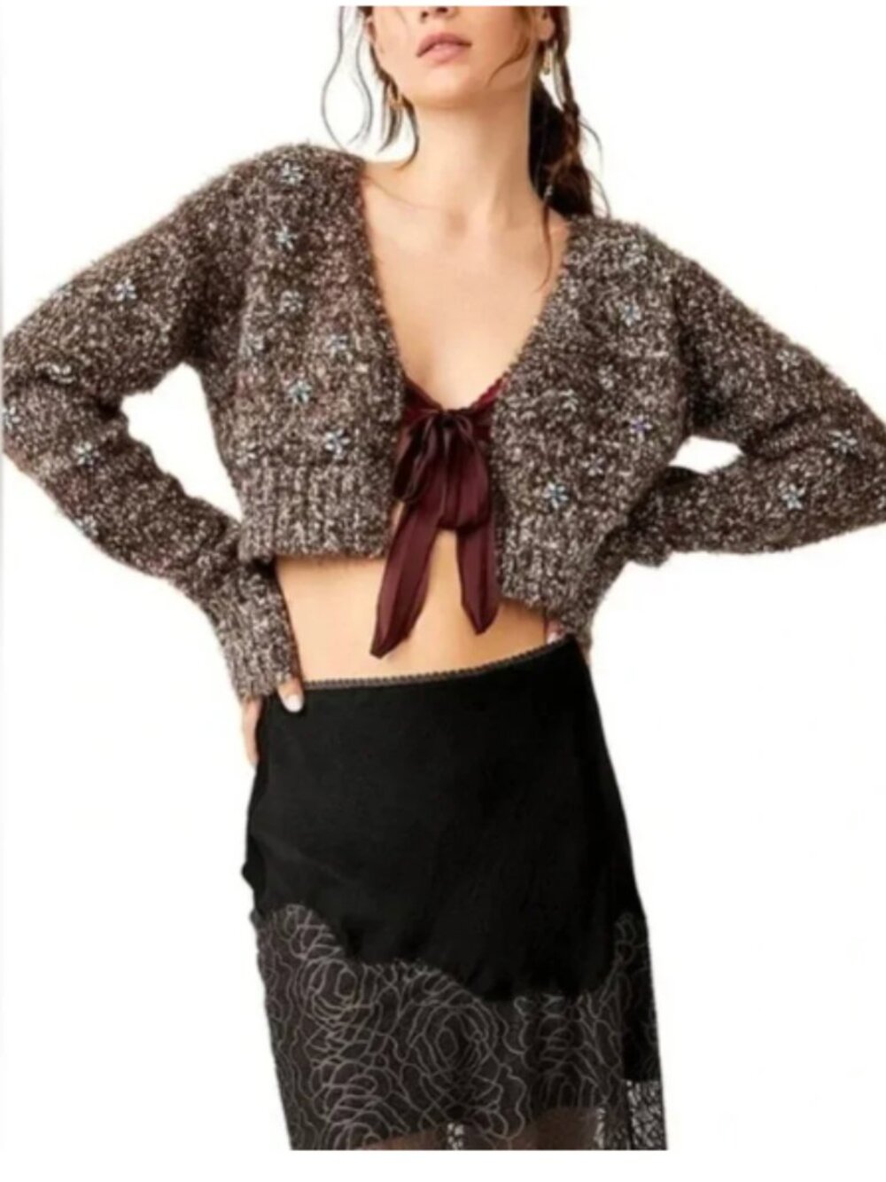 Free People Twinkle Cardi Cardigan Brown Heather Jewel Fuzzy Tie Ribbon Boho
